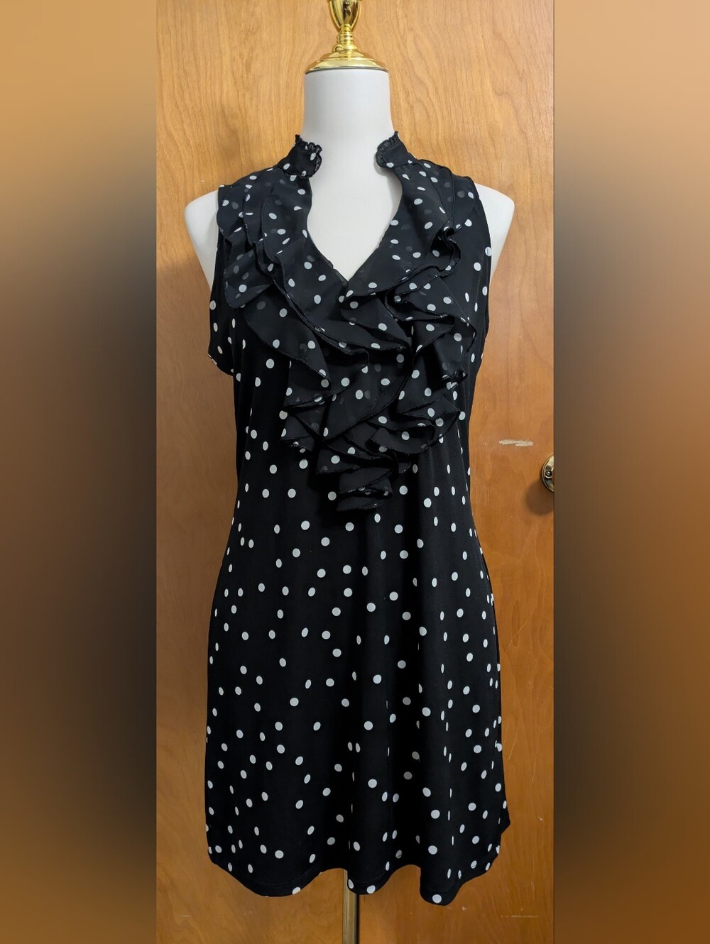 WHBM Black Polka Dot Ruffle Neck Dress - Elegant Women's Dress